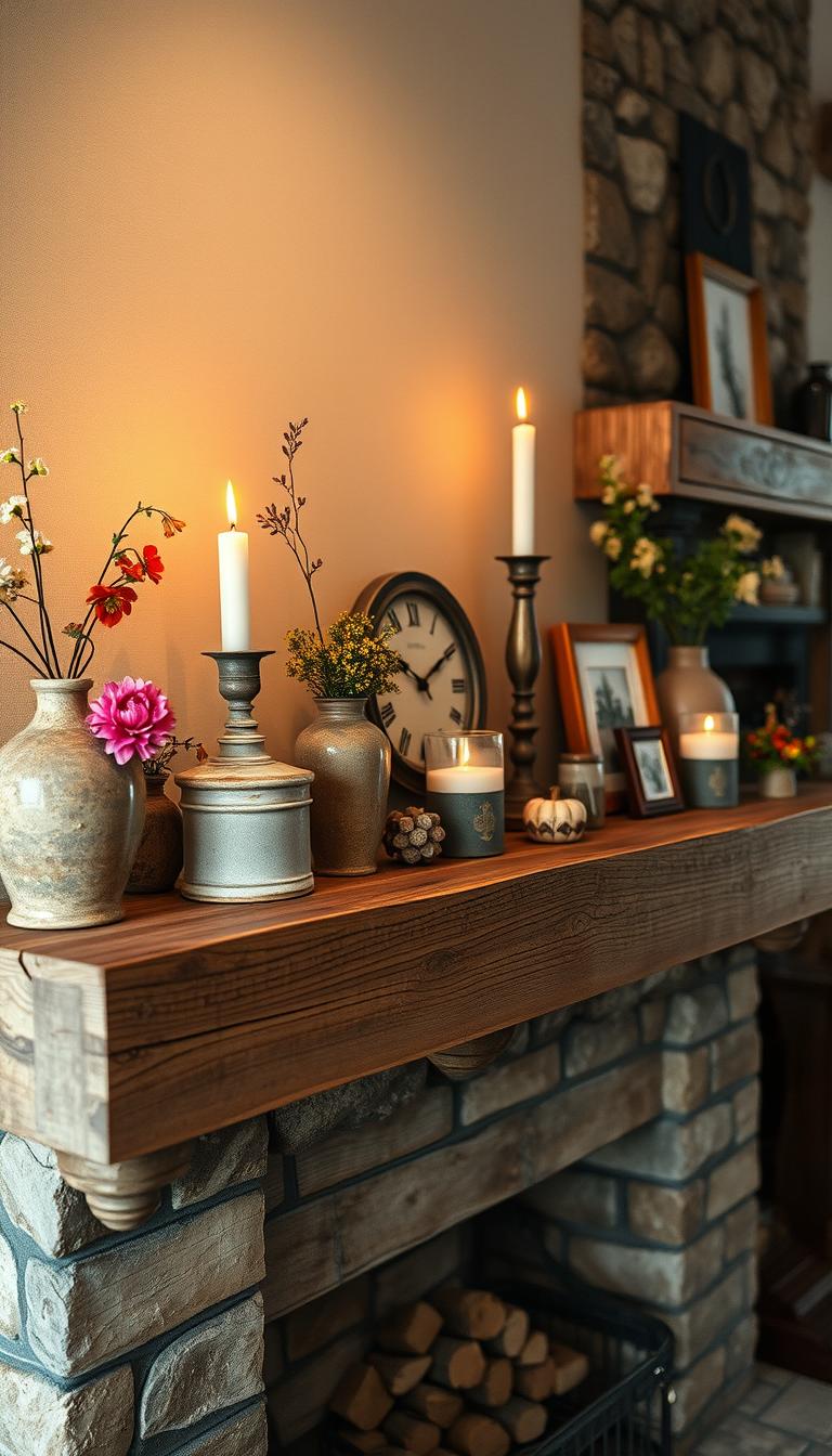 A cozy rustic mantel adorned with a mix of natural elements and charming decor. In the foreground, a weathered wooden mantel made from reclaimed barn wood, showcasing its rich textures and worn edges. On top, a selection of distressed ceramic vases holding seasonal flowers, alongside vintage candles of varying heights flickering softly. The middle layer features a beautifully arranged mix of decorative elements such as a rustic clock and a few framed nature-inspired art pieces. In the background, a warm stone fireplace casts a soft glow, enhancing the ambiance of the room. The lighting is warm and inviting, creating a serene atmosphere. Capture this scene from a slightly angled perspective, highlighting the depth of the mantel decor while ensuring the entire setup feels homely and welcoming. Photorealistic, high definition, emphasizing the cozy focal point in a rustic setting.