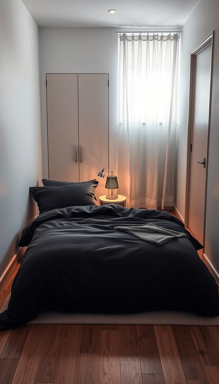 A cozy, small bedroom designed for maximizing space, featuring a neatly made dark bedding set that contrasts beautifully with light-colored walls. The foreground includes a stylish, compact bed adorned with textured dark linens, plush pillows, and a subtle throw. In the middle, a compact nightstand holds a decorative lamp casting a warm, inviting glow. A soft rug lies underneath, adding warmth to the wooden floor. The background reveals a minimalistic closet and a window with sheer curtains, letting in natural light that enhances the room's spacious feel. The atmosphere is tranquil and modern, showcasing smart storage solutions and space-saving furniture that combines style with functionality, reflecting the essence of compact living. High-definition photorealistic quality with soft, diffused lighting.