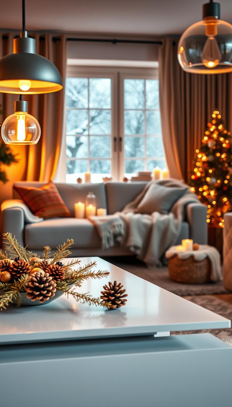 A cozy, stylish living room showcasing various STRÅLA lighting ideas by IKEA. In the foreground, a sleek, modern coffee table adorned with natural elements like pinecones and a festive centerpiece, framed by warm, glowing STRÅLA pendant lights hanging from above. In the middle ground, a comfortable sofa draped with a soft, textured blanket, surrounded by an assortment of festive decorations, like candles and ornaments, creating an inviting atmosphere. The background features a window showing a softly falling snow outside, enhancing the wintery charm. The scene is beautifully lit with a warm hue that highlights the textures and colors, evoking a festive and intimate mood. Photorealistic, high-definition detail and a slight depth of field to emphasize the lights. A cozy, stylish living room showcasing various STRÅLA lighting ideas by IKEA. In the foreground, a sleek, modern coffee table adorned with natural elements like pinecones and a festive centerpiece, framed by warm, glowing STRÅLA pendant lights hanging from above. In the middle ground, a comfortable sofa draped with a soft, textured blanket, surrounded by an assortment of festive decorations, like candles and ornaments, creating an inviting atmosphere. The background features a window showing a softly falling snow outside, enhancing the wintery charm. The scene is beautifully lit with a warm hue that highlights the textures and colors, evoking a festive and intimate mood. Photorealistic, high-definition detail and a slight depth of field to emphasize the lights.