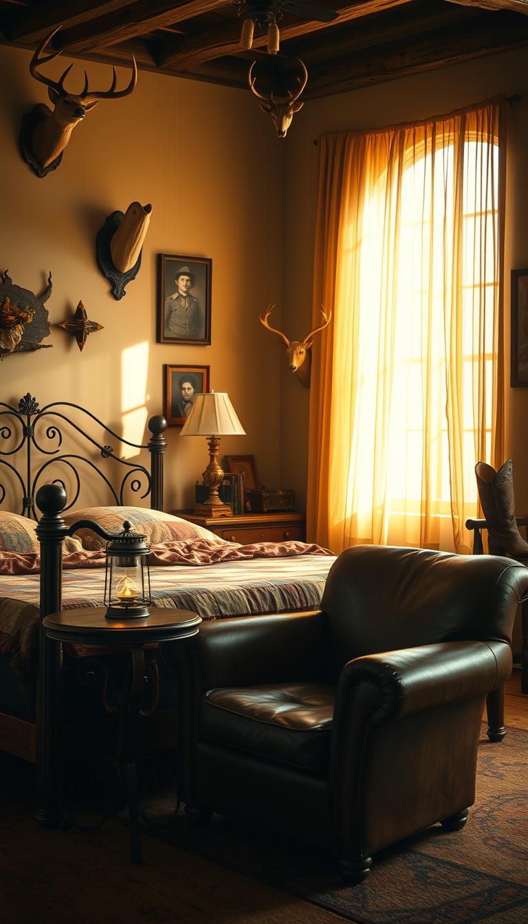 A cozy vintage western bedroom scene, featuring a rustic wooden bed with intricate wrought iron detailing, layered with a patchwork quilt in earth tones. In the foreground, a weathered leather armchair complements the bed, accompanied by a small, round side table holding a vintage lantern casting a warm, inviting glow. The middle background showcases a large window with sheer curtains that softly diffuse golden sunlight, illuminating the room's rich textures and colors. Rustic decor elements like a mounted deer head, cowboy boots, and framed sepia-toned photographs adorn the walls, enhancing the historical charm. The soothing atmosphere evokes a sense of serene retreat, with soft shadows adding depth to the soft beige and brown color palette. Photorealistic, high-definition imagery, captured from a slightly elevated angle to showcase the entire room in a warm, nostalgic light.