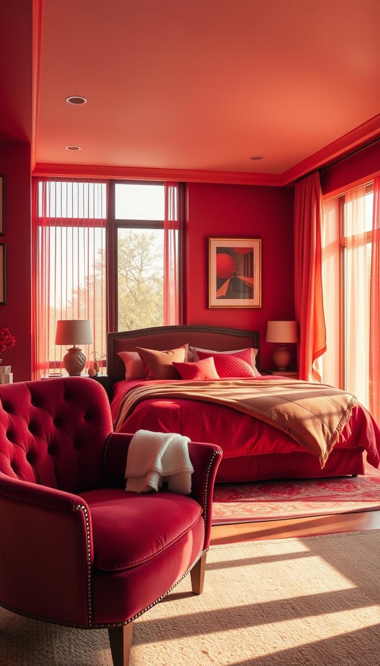 A cozy, well-designed bedroom featuring various shades of red on the walls and decor to showcase an inviting atmosphere. In the foreground, there is a plush red velvet armchair adorned with a soft white throw blanket. The middle layer includes a stylish bed with rich crimson bedding, accented by decorative cushions in deeper and lighter hues of red. In the background, large windows allow warm, golden sunlight to stream in, casting a soft glow on the room, while sheer curtains flutter gently. The walls are adorned with framed artwork that represent different red tones, creating a mood of sophistication and comfort. Shoot from a slightly elevated angle to capture the depth and texture of the room while emphasizing the harmonious interplay of light and color.