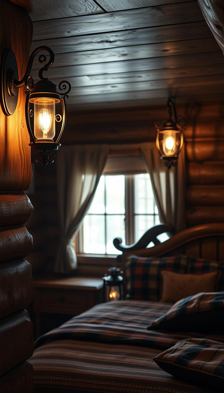 A cozy western-style bedroom featuring elegant iron sconces mounted on rustic wood walls, illuminating the space with a warm, soft glow. In the foreground, two beautifully designed sconces with intricate scrollwork cast gentle shadows. The middle ground includes a luxurious wooden bed adorned with plaid and textured fabrics, complemented by a vintage lantern on a nightstand. The background showcases a cabin-inspired window with sheer curtains allowing natural light to filter in, enhancing the serene atmosphere. The scene captures a tranquil lodge vibe, with rich wood tones and earthy colors predominating. Shot in high definition with soft, diffused lighting to emphasize warmth and comfort, creating a peaceful retreat.