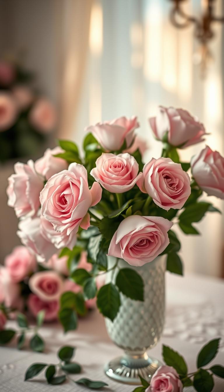 A delicate arrangement of soft pink garden roses, beautifully clustered in an elegant vintage milk glass vase. The foreground features the roses in full bloom, showcasing their velvety petals and lush green leaves, while the vase has intricate patterns that reflect light subtly. In the middle ground, a softly blurred tablecloth adds a hint of texture, maybe a faded pastel color that complements the flowers. The background is airy and slightly out of focus, evoking a romantic atmosphere with hints of gentle sunlight filtering through a sheer curtain. A warm, inviting glow enhances the nostalgic feel of the scene, captured with a shallow depth of field to draw attention to the roses. Photorealistic, high-definition image. A delicate arrangement of soft pink garden roses, beautifully clustered in an elegant vintage milk glass vase. The foreground features the roses in full bloom, showcasing their velvety petals and lush green leaves, while the vase has intricate patterns that reflect light subtly. In the middle ground, a softly blurred tablecloth adds a hint of texture, maybe a faded pastel color that complements the flowers. The background is airy and slightly out of focus, evoking a romantic atmosphere with hints of gentle sunlight filtering through a sheer curtain. A warm, inviting glow enhances the nostalgic feel of the scene, captured with a shallow depth of field to draw attention to the roses. Photorealistic, high-definition image.