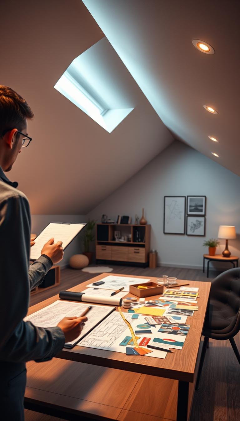 A detailed room mapping scene showcasing a modern interior with a sloped ceiling. In the foreground, a professional designer with a notepad and measuring tape captures the room's height measurements, dressed in smart casual attire. The middle ground displays a large table covered with architectural plans, color swatches, and design tools, while mood lighting gently illuminates the space. The background features the angled ceiling, adorned with tasteful decor elements like wall art and lighting fixtures that enhance the room's functionality. The atmosphere is one of creativity and organization, suggesting a practical approach to utilizing the sloped ceiling effectively. The image is to be photorealistic with high definition, using warm, natural lighting to create an inviting and inspiring environment.