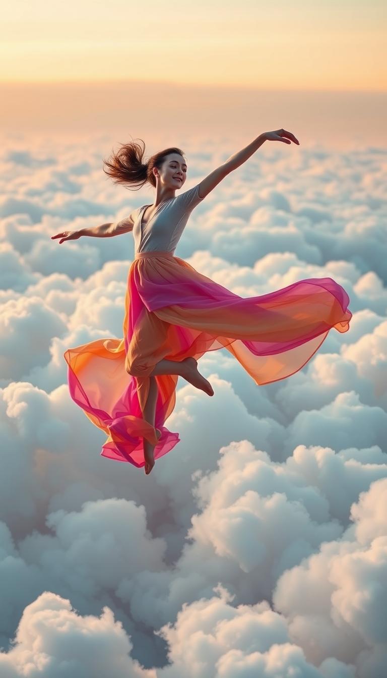 A graceful dancer, dressed in flowing fabric that swirls in vibrant shades inspired by Pantone Color of the Year 2026, leaps among fluffy, billowing clouds. In the foreground, the dancer's figure is captured mid-motion, her expression one of exhilaration and freedom. The middle ground features an expanse of soft, cotton-like clouds with a gentle play of pastel colors, reflecting the hues of the dancer's outfit. The background includes a slight hint of a soft, blue sky transitioning to warm sunset tones, creating a tranquil but dynamic atmosphere. The lighting is soft and diffused, casting gentle shadows that enhance the dancer's movement. The composition should be photorealistic, shot from a slightly low angle to emphasize the dancer's ascent into the sky, evoking a sense of inspiration and creativity.