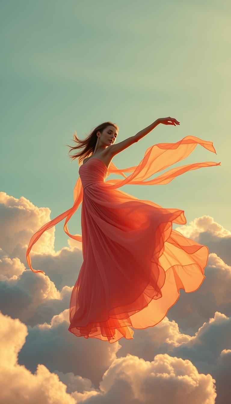 A graceful figure, embodying the essence of a "cloud dancer," elegantly poised amidst fluffy white clouds in a vibrant sky. The dancer wears a flowing dress in the 2026 Pantone Color of the Year, rich in hues that evoke modern trends in fashion and design. In the foreground, delicate ribbons and fabrics swirl around the dancer, capturing the soft light. The middle ground showcases layered clouds reflecting golden sunlight, casting a warm glow. The background features a serene blue sky, gradually fading to a soft pastel. The scene is illuminated by a golden hour light, adding warmth and depth, with an ethereal atmosphere. Shot from a low angle to emphasize height and grace, the overall mood is dreamy and inspirational.
