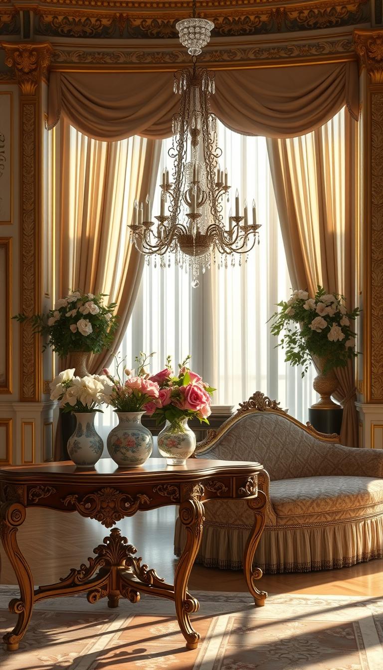 A lavish Rococo-style interior, featuring ornate golden moldings and intricate floral motifs on the walls. In the foreground, a beautifully carved wooden console table adorned with delicate porcelain vases filled with fresh flowers. The middle of the scene showcases an elegant chandelier, sparkling with crystal details, casting soft, warm light across the room. Plush, patterned upholstery on a curved settee invites comfort. The background displays large, draped windows with sheer curtains, letting in gentle sunlight that highlights the opulent textures of the fabrics. The atmosphere is serene and inviting, evoking a sense of timeless elegance and charm, ideal for showcasing key Rococo decor elements. Photorealistic details, natural lighting, captured from a slightly elevated angle to encompass the richness of the space. A lavish Rococo-style interior, featuring ornate golden moldings and intricate floral motifs on the walls. In the foreground, a beautifully carved wooden console table adorned with delicate porcelain vases filled with fresh flowers. The middle of the scene showcases an elegant chandelier, sparkling with crystal details, casting soft, warm light across the room. Plush, patterned upholstery on a curved settee invites comfort. The background displays large, draped windows with sheer curtains, letting in gentle sunlight that highlights the opulent textures of the fabrics. The atmosphere is serene and inviting, evoking a sense of timeless elegance and charm, ideal for showcasing key Rococo decor elements. Photorealistic details, natural lighting, captured from a slightly elevated angle to encompass the richness of the space.