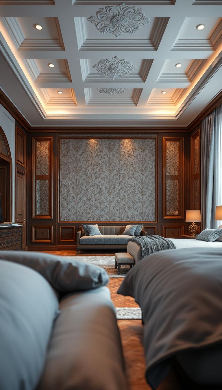 A luxurious adult bedroom featuring elegantly designed walls, ceilings, and flooring that embody a balance of style and tranquility. In the foreground, soft, textured fabrics in calming colors like muted blues and greys can be seen, harmonizing with rich wooden accents. The middle ground showcases elegantly patterned wallpaper, adorned with a subtle floral design, and coffered ceilings that contribute to the room’s height. In the background, a beautifully crafted floor with natural wood grains and a plush area rug adds warmth, illuminated by soft, ambient lighting that casts gentle shadows, creating a serene atmosphere. The angle captures the room from a slightly elevated perspective, providing a comprehensive view of the harmonious design elements working together to create a peaceful sanctuary perfect for sleep. Photorealistic, high-definition style.