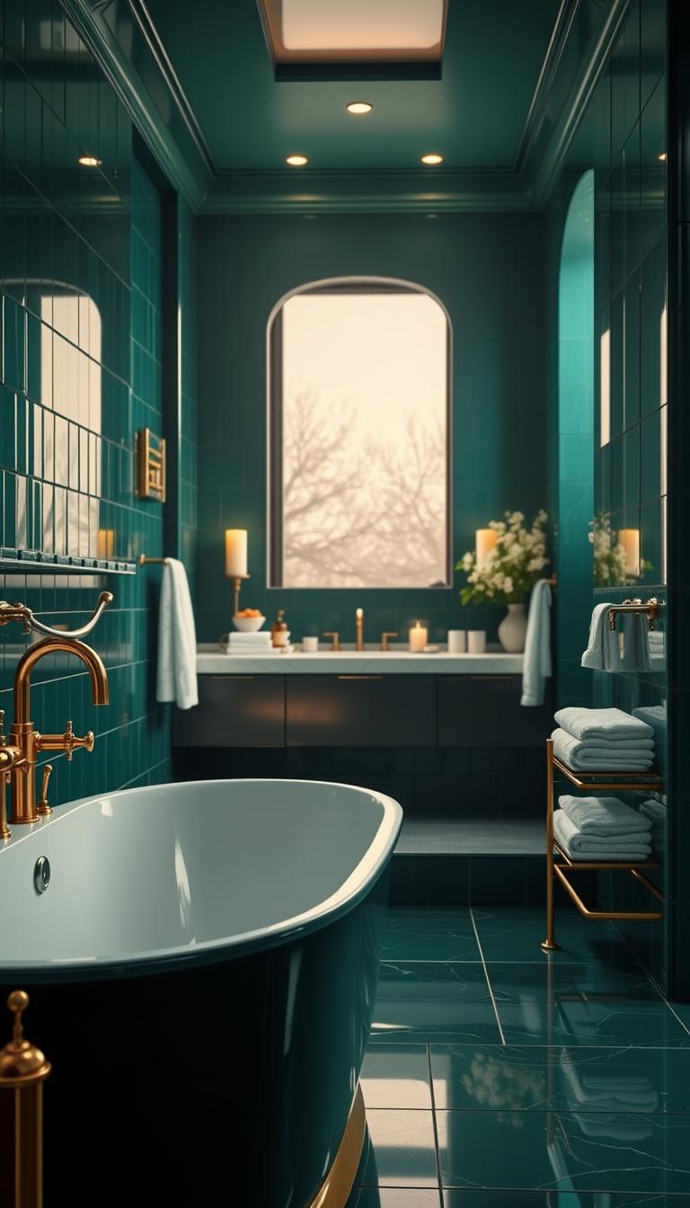 A luxurious bathroom featuring a rich emerald green color scheme, showcasing deep green walls and glossy tiles that exude sophistication. The scene captures a modern freestanding bathtub in the foreground, surrounded by warm brass accents, including a sleek faucet and decorative fixtures. Plush white towels are neatly arranged on a brass rack nearby. In the middle ground, a stylish vanity with a large mirror reflects the elegant ambiance, adorned with tasteful greenery and soft candles for a tranquil atmosphere. The background reveals a gently illuminated window, allowing natural light to filter in, accentuating the opulent dark tones. The overall mood is serene and indulgent, inviting the viewer to imagine a relaxing retreat. Shot from a slight angle to enhance depth, in high definition, with soft focus on the edges to enhance the dreamy essence of the bathroom.