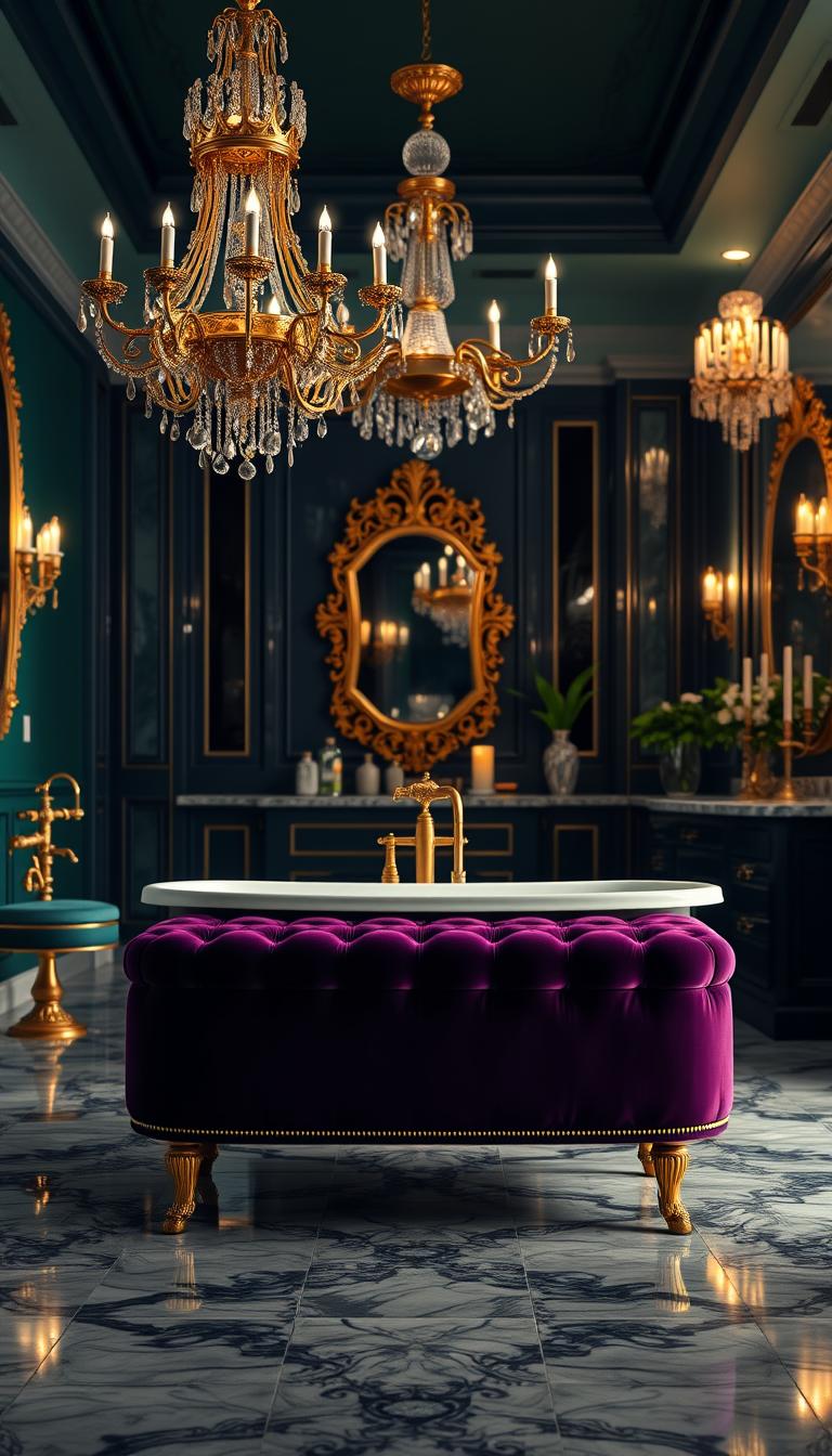 A luxurious bathroom showcasing regal glamour, featuring deep jewel tones like emerald green and sapphire blue. The foreground presents a plush velvet ottoman in a rich purple, paired with gold-accented fixtures and a stunning freestanding bathtub. In the middle, a beautifully tiled floor reflects the light, while intricate gold and crystal chandeliers hang overhead, casting a warm glow. The background reveals opulent marble countertops with decorative candles and lush greenery in elegant vases. Soft, diffused lighting creates an inviting atmosphere, emphasizing the rich textures of velvet and polished metal. The angle captures the grandeur of the space, creating a serene and sophisticated retreat that embodies luxury and relaxation. Photorealistic high-definition imagery, with no text or watermarks.