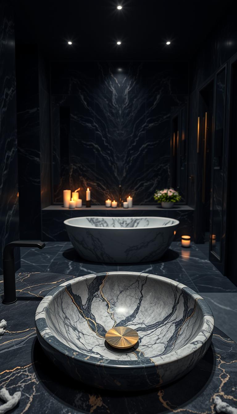 A luxurious dark bathroom featuring elegant marble surfaces. In the foreground, a stunning marble sink with intricate veining in shades of deep black, grey, and hints of gold. The middle ground showcases a freestanding soaking tub made of polished marble, surrounded by soft, flickering candlelight that casts a warm glow. In the background, dark slate tiles contrast beautifully with the marble accents. The lighting is soft and ambient, highlighting the textures of the stone while creating a serene, tranquil atmosphere. A large mirror reflects the exquisite marble detailing, inviting the viewer into this sophisticated space. The composition captures the essence of modern luxury and sophistication in a serene retreat. High definition with a focus on photorealism.