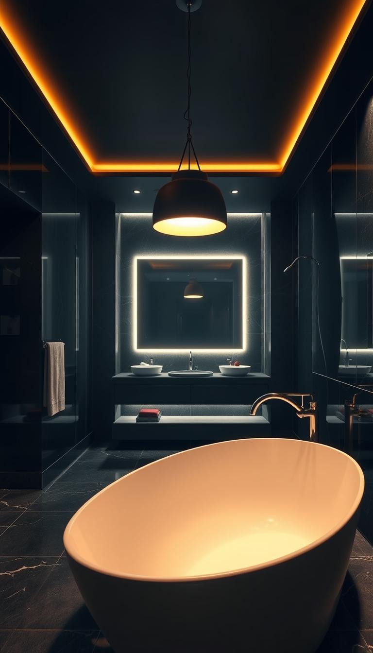 A luxurious dark bathroom featuring layered lighting that creates an inviting and serene atmosphere. In the foreground, a sleek, freestanding bathtub is illuminated by soft, warm light from a pendant lamp overhead, casting gentle reflections on the glossy tiles. The middle space showcases a vanity with elegant, soft LED lights framing a large mirror, enhancing the room's depth. The background includes subtle recessed lighting along the wall, accentuating dark, rich colors and textures. Utilize a wide-angle lens to capture the entire scene, focusing on the interplay of shadows and light that highlights the luxurious design elements, creating a calming and sophisticated retreat. Aim for a photorealistic style with high definition detail.