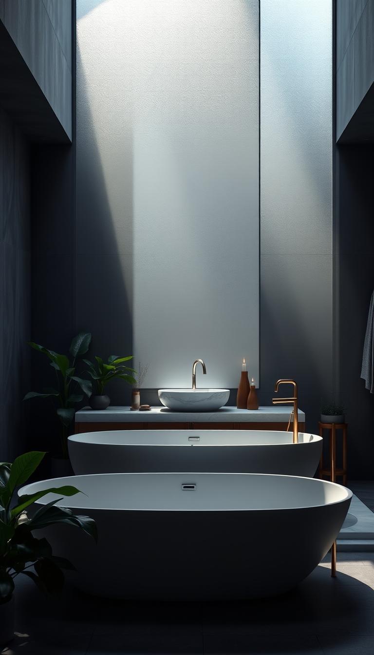 A luxurious dark bathroom interior illuminated by soft, natural light streaming in through a large, frosted window. In the foreground, a sleek freestanding bathtub sits elegantly, surrounded by lush green plants that add a touch of tranquility. The middle ground features a modern marble sink with polished fixtures and organic accessories like candles and stones, enhancing the serene atmosphere. The background showcases textured charcoal walls, accented by wooden elements for warmth. The scene captures a harmonious blend of light and shadow, creating depth and an inviting ambience. Use a wide-angle lens perspective to emphasize spatial flow, ensuring the overall mood is relaxing and serene, perfect for a luxurious retreat feel.