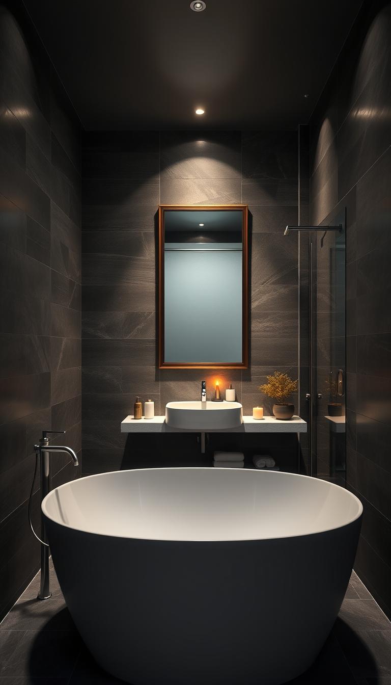 A luxurious dark gray bathroom featuring elegant charcoal slate tiles on walls and flooring, creating a rich, textured backdrop. In the foreground, a sleek modern freestanding bathtub gleams under soft ambient lighting, surrounded by minimalist decor. A stylish, framed mirror above a contemporary sink reflects the depth of the room. The middle of the scene reveals stylish fixtures in brushed nickel, contributing to an upscale feel, while candles and small potted plants add subtle warmth and tranquility. The background shows a frosted glass shower stall, offering privacy without disrupting the flow of light. The overall atmosphere is serene and sophisticated, illuminated by warm, diffused lighting that enhances the richness of the charcoal tones, providing a sense of luxury and relaxation. The image captures a perfect angle to showcase all elements harmoniously.