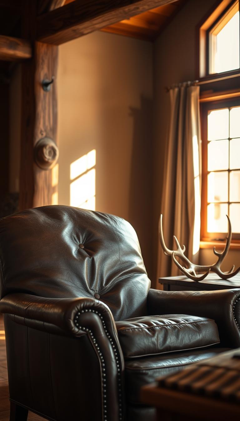 A luxurious leather armchair with rich, dark brown tones sits prominently in the foreground, its supple texture and elegant design showcasing both comfort and style. The chair is adorned with intricately stitched details and rustic iron accents, adding to its cowboy aesthetic. Surrounding the chair, a few delicate deer antlers are artfully arranged on a wooden side table, enhancing the Western ambiance. In the background, warm sunlight streams through a window, casting soft shadows and creating a serene, inviting atmosphere typical of a cozy Western-style bedroom. The scene is framed with rustic wooden beams and muted earth-toned walls, evoking a sense of tranquility and retreat. Capture the image with a soft focus lens for a dreamy effect, emphasizing the layered textures of leather and wood.
