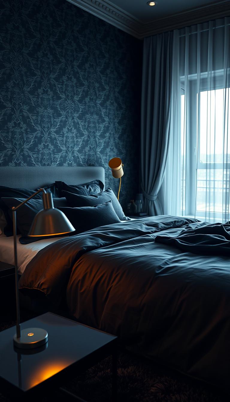 A luxurious, photorealistic bedroom featuring a beautifully made bed with dark bedding. The bed has a plush, charcoal gray comforter layered over black and deep navy accent pillows. In the foreground, a stylish nightstand holds a modern lamp casting soft, warm light. The middle of the scene highlights the intricately patterned wallpaper in dark hues, creating a cozy yet sophisticated atmosphere, while a plush rug in dark tones is visible beneath the bed. The background showcases a softly illuminated window with sheer curtains allowing gentle light to filter in, enriching the serene vibe. The angle captures the inviting nature of the space, suggesting comfort and relaxation. Overall, the mood is tranquil and elegant, perfect for dark bedding ideas.
