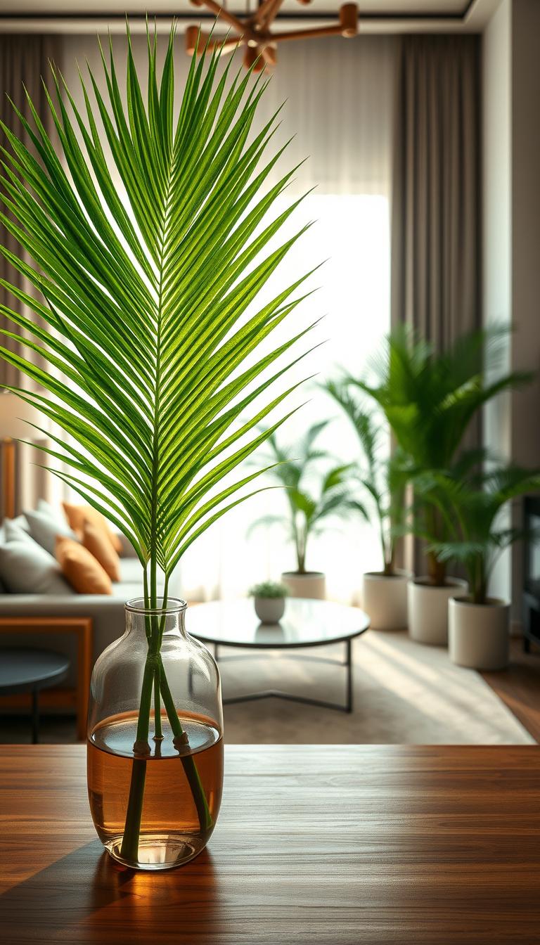 A luxurious, photorealistic interior scene showcasing a stylish arrangement of palm leaves and faux palms. In the foreground, a vase with a vibrant green palm frond, expertly styled, sits atop a wooden table with clean lines. The middle ground features a cozy, tropical-themed living area with faux palm plants in complementary pots, creating a harmonious balance. The background reveals a sunlit window with sheer curtains, allowing soft, warm light to filter through, enhancing the lush greenery. The atmosphere is inviting and serene, perfect for showcasing tropical decor ideas. The overall composition captures the essence of bringing the tropics into home decor, evoking a sense of calm and tropical elegance.