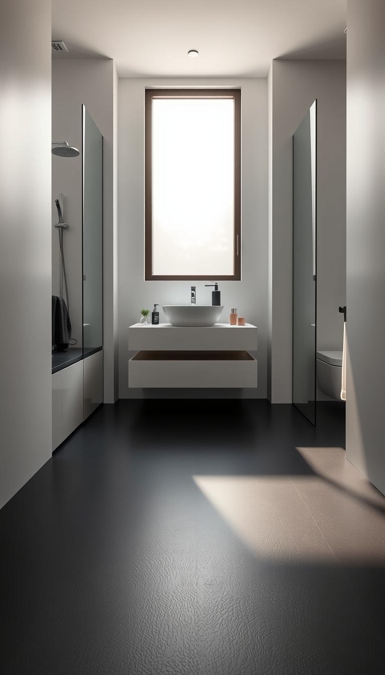 A luxurious small bathroom featuring a striking matte black floor, showcasing a smooth texture that absorbs light, creating a sense of depth. In the foreground, the black flooring contrasts beautifully with sleek, light-colored walls, enhancing the airy feel of the space. The middle section includes elegant bathroom fixtures, including a minimalist sink and stylish accessories, all positioned harmoniously over the dark flooring. In the background, soft, natural light filters in from a frosted window, casting gentle shadows that add warmth and tranquility. The composition invites a serene atmosphere, reminiscent of a spa-like retreat, with a focus on balance and slip resistance. The image should be captured in high definition with a wide-angle lens, emphasizing the entirety of this chic bathroom design. A luxurious small bathroom featuring a striking matte black floor, showcasing a smooth texture that absorbs light, creating a sense of depth. In the foreground, the black flooring contrasts beautifully with sleek, light-colored walls, enhancing the airy feel of the space. The middle section includes elegant bathroom fixtures, including a minimalist sink and stylish accessories, all positioned harmoniously over the dark flooring. In the background, soft, natural light filters in from a frosted window, casting gentle shadows that add warmth and tranquility. The composition invites a serene atmosphere, reminiscent of a spa-like retreat, with a focus on balance and slip resistance. The image should be captured in high definition with a wide-angle lens, emphasizing the entirety of this chic bathroom design.
