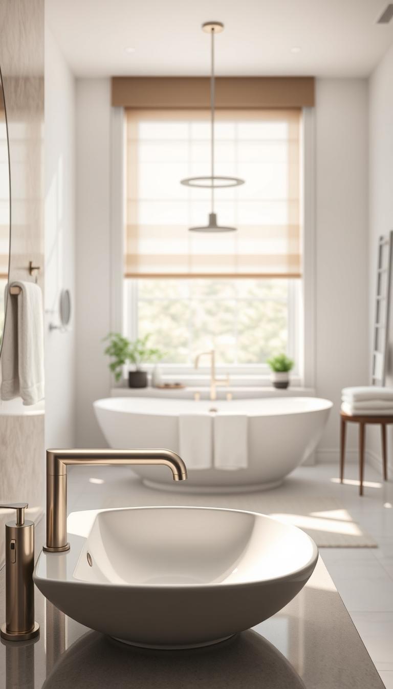 A modern bathroom setting featuring an array of upgraded fixtures designed to elevate daily rituals. In the foreground, showcase a sleek, contemporary faucet with a brushed nickel finish, paired with a stylish vessel sink. The middle ground should include a luxurious freestanding bathtub with an elegant showerhead above. Soft, natural light streams in from a large window adorned with minimalistic window treatments, casting gentle shadows. The background reveals tastefully arranged bathroom accessories, like neatly folded towels and potted plants, contributing to a serene atmosphere. Capture the scene from a slightly elevated angle, emphasizing the harmony of materials and textures while maintaining a clean, sophisticated aesthetic in this photorealistic image. A modern bathroom setting featuring an array of upgraded fixtures designed to elevate daily rituals. In the foreground, showcase a sleek, contemporary faucet with a brushed nickel finish, paired with a stylish vessel sink. The middle ground should include a luxurious freestanding bathtub with an elegant showerhead above. Soft, natural light streams in from a large window adorned with minimalistic window treatments, casting gentle shadows. The background reveals tastefully arranged bathroom accessories, like neatly folded towels and potted plants, contributing to a serene atmosphere. Capture the scene from a slightly elevated angle, emphasizing the harmony of materials and textures while maintaining a clean, sophisticated aesthetic in this photorealistic image.