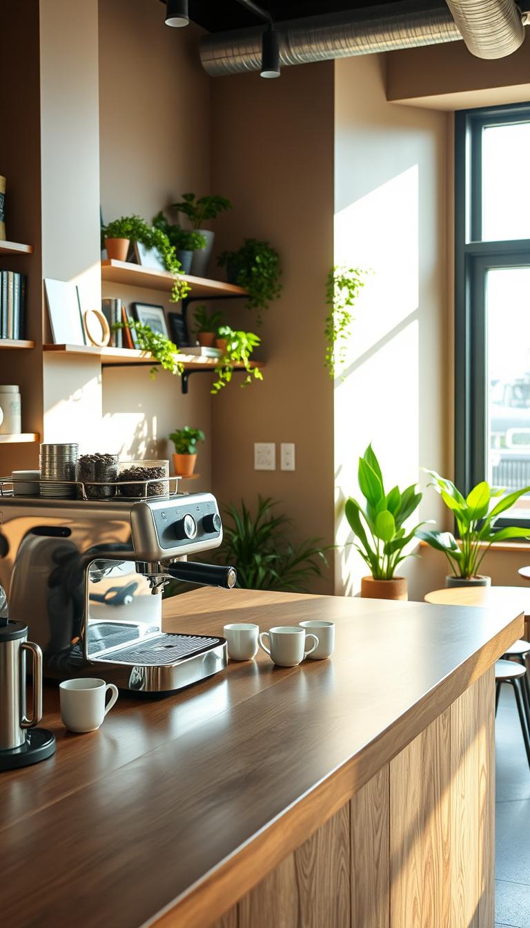 A modern coffee bar interior designed for a calm morning ambiance. In the foreground, a sleek espresso machine in polished steel sits atop a matte wooden counter, surrounded by artisanal coffee beans and minimalist ceramic mugs. The middle ground features shelves adorned with books and vibrant green potted plants, highlighting sage greens against neutral beige walls. In the background, a large window lets in soft, warm natural light, illuminating the space. The overall atmosphere should evoke tranquility, with gentle shadows creating depth. The image should be captured at eye level with a wide-angle lens, emphasizing the clean lines and inviting layout of the coffee bar, without any human subjects or distractions.