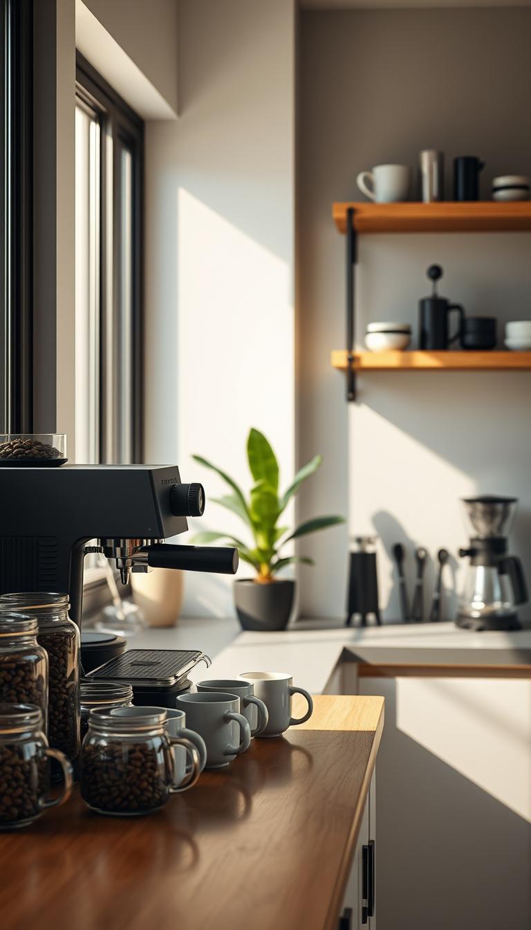 A modern coffee bar set up in a cozy corner of a contemporary kitchen. In the foreground, a sleek espresso machine sits on a polished wooden countertop, surrounded by an assortment of coffee beans in elegant glass jars. Handcrafted ceramic mugs are neatly arranged nearby. In the middle, soft morning light streams through a large window, illuminating a potted plant to add a touch of green. The background features minimalist shelving with neatly organized coffee accessories, including a french press and a stylish grinder. The overall mood is calm and inviting, perfect for a peaceful morning ritual. The scene should be rendered in photorealistic detail, with a shallow depth of field to emphasize the coffee bar setup.