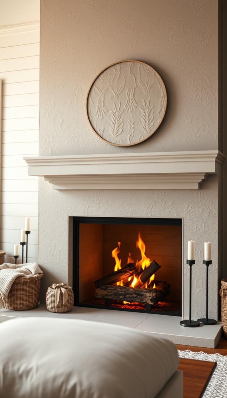 A modern farmhouse fireplace with an elegant plaster surround, showcasing clean lines and rustic charm. In the foreground, focus on the textured plaster with intricate detailing and a soft, warm finish that highlights its artisanal craftsmanship. The middle ground features a collection of cozy items, such as crackling logs in the fire, a woven basket of blankets, and a pair of modern metal candlesticks. The background displays shiplap paneling painted in a soft, inviting color that complements the fireplace. Use soft, ambient lighting to create a warm and inviting atmosphere, mimicking natural light filtering in through a nearby window. The perspective should be slightly elevated, capturing the cozy focal point in a well-decorated living space. Aim for a photorealistic, high-definition image that evokes a sense of comfort and style.