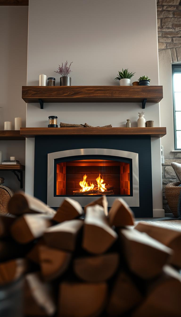 A modern farmhouse-style fireplace insert, showcasing a sleek, curved design with a brushed steel finish. The insert is framed by rustic wooden mantel shelves adorned with cozy decor items like candles and plants. In the foreground, a beautifully arranged pile of split wood enhances the inviting atmosphere. The middle ground features the insert glowing with warm, flickering flames, casting a soft light around the space. The background reveals a subtly textured stone wall that adds depth and character. Soft, natural lighting streams in from a nearby window, creating a serene ambiance. Capture this scene from a low angle for a dramatic perspective, emphasizing the fireplace as the cozy focal point of the room, evoking a homey, welcoming mood.