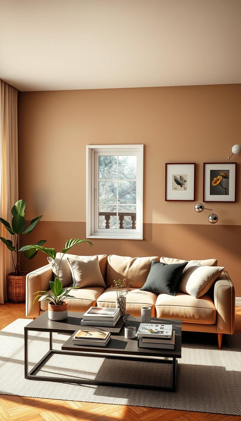 A modern interior space featuring two-tone walls, with the lower half painted a warm, muted beige and the upper half in a refreshing light blue. In the foreground, a stylish, contemporary sofa and a coffee table adorned with houseplants and books, creating a cozy yet sophisticated atmosphere. The middle ground includes a window allowing natural sunlight to flood the room, casting gentle shadows. The background showcases an accent wall with framed artwork that complements the color scheme, adding interest without being overwhelming. The shot is taken from a slightly elevated angle, enhancing the room’s depth and inviting feel. The lighting is soft and warm, evoking a tranquil, uplifting mood perfect for an engaging design article.