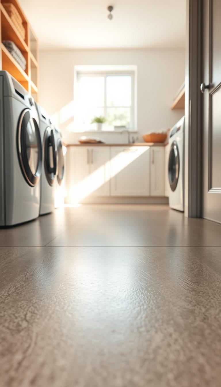 A modern laundry room featuring stylish, durable flooring. In the foreground, showcase a glossy ceramic tile floor with a subtle texture that reflects light, creating a vibrant and inviting atmosphere. The middle ground should include contemporary washing machines and a sleek countertop with neatly organized laundry essentials. Soft, natural light streams in through a window, illuminating the space while casting gentle shadows. In the background, the walls can be painted in a soft, neutral color, enhancing the overall brightness of the room. The composition should evoke a sense of cleanliness and order, ideal for a functional yet aesthetically pleasing laundry space, captured from a low angle to emphasize the flooring’s beauty and durability. A modern laundry room featuring stylish, durable flooring. In the foreground, showcase a glossy ceramic tile floor with a subtle texture that reflects light, creating a vibrant and inviting atmosphere. The middle ground should include contemporary washing machines and a sleek countertop with neatly organized laundry essentials. Soft, natural light streams in through a window, illuminating the space while casting gentle shadows. In the background, the walls can be painted in a soft, neutral color, enhancing the overall brightness of the room. The composition should evoke a sense of cleanliness and order, ideal for a functional yet aesthetically pleasing laundry space, captured from a low angle to emphasize the flooring’s beauty and durability.