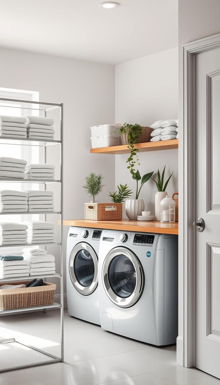 A modern laundry room featuring stylish storage solutions and organization. In the foreground, a sleek, minimalist shelving unit displays neatly folded towels, stackable storage bins, and an array of laundry supplies. The middle section showcases a contemporary washing machine and dryer set, with a wooden countertop above it, adorned with decorative plants and a vintage laundry basket. The background reveals pristine white walls, accentuated with bright, natural light streaming through a window, creating a clean and inviting atmosphere. The image is captured from a slight angle to emphasize depth, with a focus on high definition and photorealistic details, evoking a sense of efficiency and modern design. A modern laundry room featuring stylish storage solutions and organization. In the foreground, a sleek, minimalist shelving unit displays neatly folded towels, stackable storage bins, and an array of laundry supplies. The middle section showcases a contemporary washing machine and dryer set, with a wooden countertop above it, adorned with decorative plants and a vintage laundry basket. The background reveals pristine white walls, accentuated with bright, natural light streaming through a window, creating a clean and inviting atmosphere. The image is captured from a slight angle to emphasize depth, with a focus on high definition and photorealistic details, evoking a sense of efficiency and modern design.