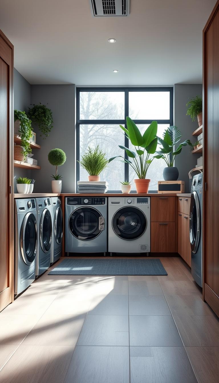 A modern laundry room showcasing a harmonious blend of color strategies, featuring a calming neutral palette with soft grays, whites, and warm wooden accents in the foreground. In the middle ground, stylish storage solutions, vibrant indoor plants, and contemporary appliances display moody drama through deep blues and earthy tones. The background reveals a bright, airy window allowing natural light to flood the space, highlighting the textures of the walls and flooring. The scene conveys an inviting and serene atmosphere, perfect for an upgraded laundry experience. The image is shot at a 45-degree angle with a wide lens to capture the full scope of the room, emphasizing depth and detail, all in stunning photorealistic quality. A modern laundry room showcasing a harmonious blend of color strategies, featuring a calming neutral palette with soft grays, whites, and warm wooden accents in the foreground. In the middle ground, stylish storage solutions, vibrant indoor plants, and contemporary appliances display moody drama through deep blues and earthy tones. The background reveals a bright, airy window allowing natural light to flood the space, highlighting the textures of the walls and flooring. The scene conveys an inviting and serene atmosphere, perfect for an upgraded laundry experience. The image is shot at a 45-degree angle with a wide lens to capture the full scope of the room, emphasizing depth and detail, all in stunning photorealistic quality.