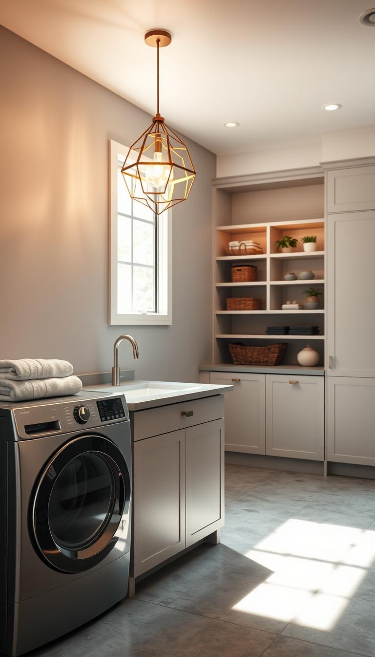 A modern laundry room showcasing stunning statement lighting that transforms the space into an inviting atmosphere. In the foreground, a sleek, minimalist laundry machine and dryer are neatly arranged next to a stylish countertop adorned with neatly folded towels. The middle layer features an eye-catching pendant light, designed with geometric shapes and warm brass tones, casting a soft, ambient glow. The background reveals light-colored cabinetry with open shelving, displaying decorative baskets and plants. The room is adorned with light grey walls and a polished concrete floor, emphasizing a clean, contemporary aesthetic. The scene is illuminated with soft, natural sunlight pouring in from a large window, enhancing the warmth and inviting feel of the room. The overall mood is bright, modern, and inspiring, perfect for a laundry room transformation. A modern laundry room showcasing stunning statement lighting that transforms the space into an inviting atmosphere. In the foreground, a sleek, minimalist laundry machine and dryer are neatly arranged next to a stylish countertop adorned with neatly folded towels. The middle layer features an eye-catching pendant light, designed with geometric shapes and warm brass tones, casting a soft, ambient glow. The background reveals light-colored cabinetry with open shelving, displaying decorative baskets and plants. The room is adorned with light grey walls and a polished concrete floor, emphasizing a clean, contemporary aesthetic. The scene is illuminated with soft, natural sunlight pouring in from a large window, enhancing the warmth and inviting feel of the room. The overall mood is bright, modern, and inspiring, perfect for a laundry room transformation.