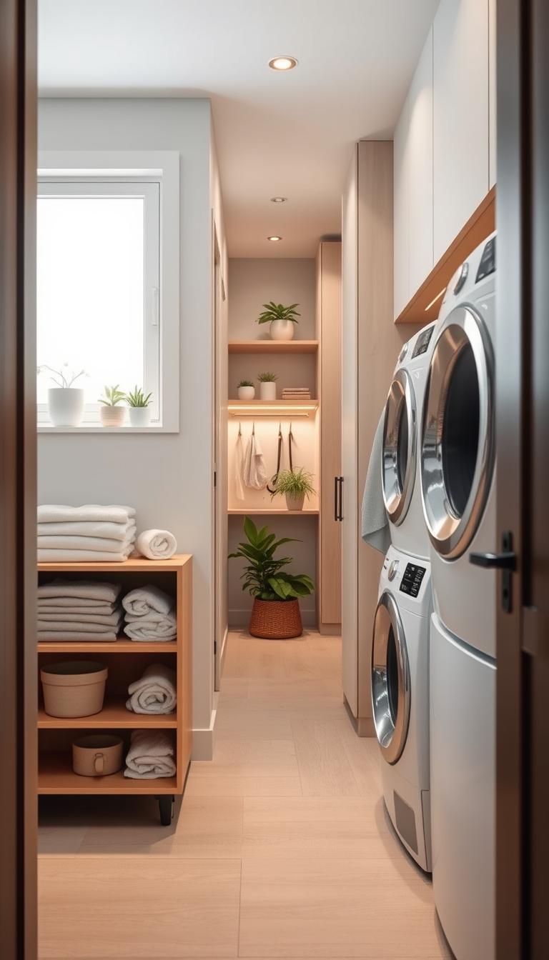 A modern laundry room transformed into an efficient small space solution, featuring stylish storage options and clever organizational tools. In the foreground, a sleek, compact shelving unit holds neatly folded towels and laundry supplies, crafted from light wood with metal accents. The middle ground showcases a narrow, well-lit hallway with an integrated cabinet and hanging hooks, employing a blend of pastel colors for a cheerful atmosphere. In the background, a bright window allows natural light to flood the space, illuminating a small nook filled with plants and decorative items. Soft, diffused lighting creates a warm feel, emphasizing the practicality and aesthetic charm of the room. Shot with a wide-angle lens to capture the entire layout, highlighting the efficient use of space while maintaining a clean, modern design. A modern laundry room transformed into an efficient small space solution, featuring stylish storage options and clever organizational tools. In the foreground, a sleek, compact shelving unit holds neatly folded towels and laundry supplies, crafted from light wood with metal accents. The middle ground showcases a narrow, well-lit hallway with an integrated cabinet and hanging hooks, employing a blend of pastel colors for a cheerful atmosphere. In the background, a bright window allows natural light to flood the space, illuminating a small nook filled with plants and decorative items. Soft, diffused lighting creates a warm feel, emphasizing the practicality and aesthetic charm of the room. Shot with a wide-angle lens to capture the entire layout, highlighting the efficient use of space while maintaining a clean, modern design.
