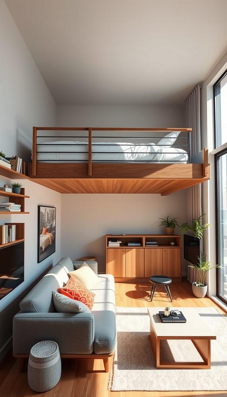 A modern loft bed studio apartment designed for maximizing vertical space, featuring a stylish loft bed with a sleek wooden frame, set above a cozy living area. Below the bed, there is a minimalist sofa adorned with colorful cushions and a compact coffee table, creating a welcoming atmosphere. Shelving units on the walls display plants and books, while tall windows let in natural light, casting soft shadows across the space. Use a wide angle to capture the seamless integration of the living area and bedroom, emphasizing the height of the ceilings and the airy feel of the room. The overall mood is bright and inviting, with a touch of modern elegance, highlighting the harmonious blend of living and sleeping areas in a compact design.