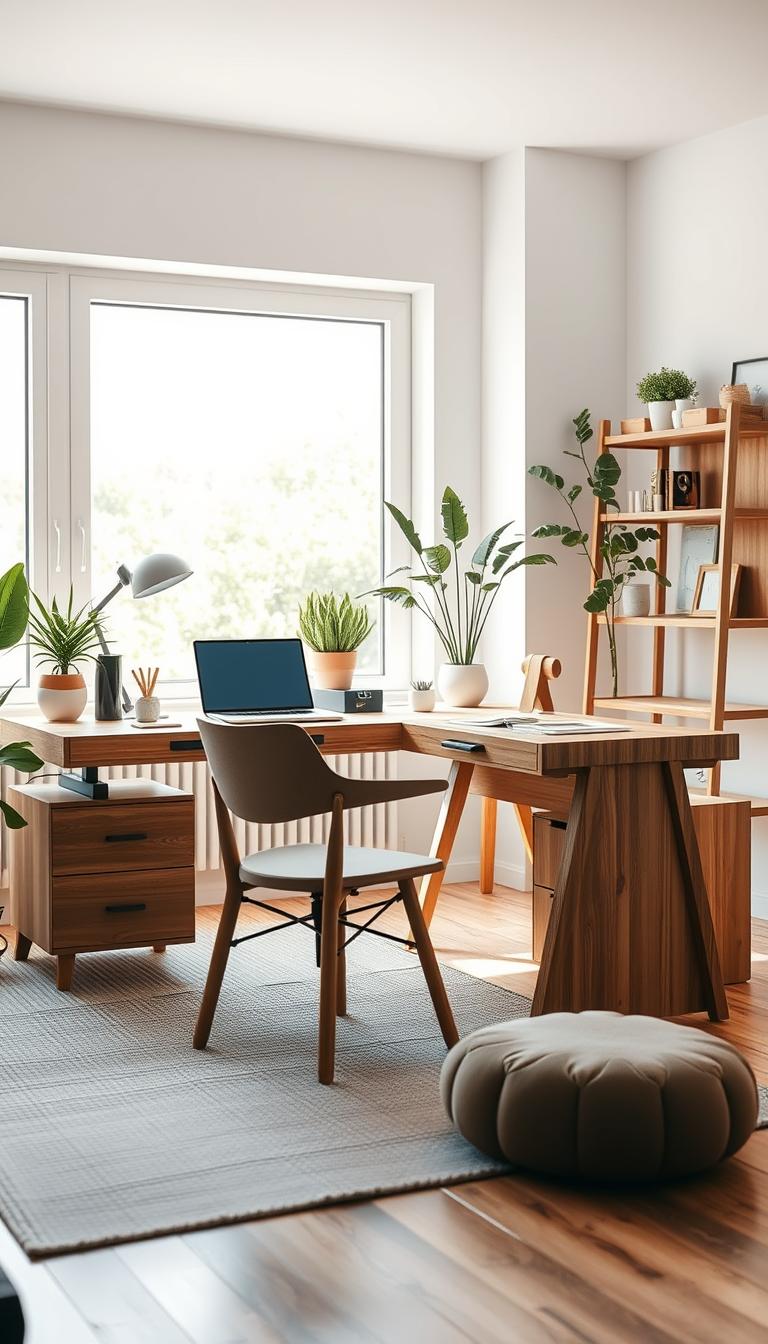 A modern, minimalistic double desk setup in a shared home workspace, featuring sleek Scandinavian design elements alongside warm wooden accents. In the foreground, a stylish desk with natural wood grain, topped with minimalistic desk organizers and a laptop, exuding functionality. The middle ground showcases a comfortable chair in muted colors, positioned invitingly at the desk, while a soft, textured rug adds warmth underfoot. In the background, large windows allow bright, natural light to flood the space, illuminating the simple decor of potted plants and artwork on the walls, creating an airy and serene atmosphere. The scene has a photorealistic quality, captured with a shallow depth of field to emphasize the desk's design, aiming for a harmonious blend of functionality and comfort.