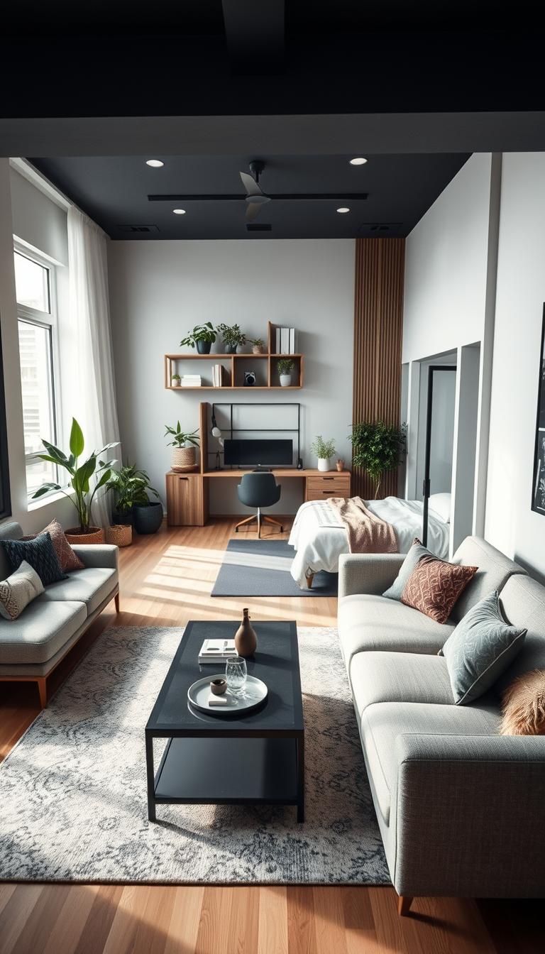 A modern, smart layout living room-bedroom combination that seamlessly blends functionality and comfort. In the foreground, a cozy seating area with a sleek sofa adorned with decorative cushions, a stylish coffee table, and an area rug that defines the living space. The middle section features a neatly organized work-from-home desk set against a wall with open shelving displaying plants and books, adding a touch of greenery. The background showcases a minimalist bed with crisp linens and a soft throw, partitioned by a chic screen for privacy. Natural light streams through large windows, creating a warm, inviting atmosphere. The scene is captured with a wide-angle lens to emphasize space, and the overall mood is serene and harmonious, perfect for a multifaceted living environment.