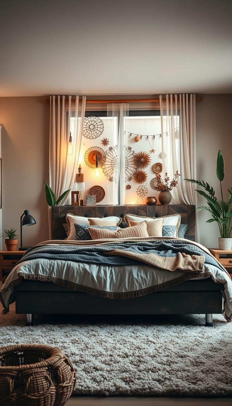A modern-style bedroom that harmoniously blends Bohemian, Steampunk, and Desert Serenity aesthetics. In the foreground, a cozy bed with layered, textured bedding in earthy tones and patterned throw pillows, surrounded by unique side tables made of reclaimed wood and metal, adorned with plants in decorative pots. In the middle, a large window with sheer curtains lets in warm, natural light, illuminating vintage lamps with Edison bulbs and showcasing a wall with artistic, eclectic decor. The background features soft, sandy-colored walls, a plush area rug, and hints of greenery, creating a tranquil environment. Capture the room with a wide-angle lens, highlighting the inviting atmosphere of serene design and comfort, evoking a sense of relaxation and style in high-definition photorealism. A modern-style bedroom that harmoniously blends Bohemian, Steampunk, and Desert Serenity aesthetics. In the foreground, a cozy bed with layered, textured bedding in earthy tones and patterned throw pillows, surrounded by unique side tables made of reclaimed wood and metal, adorned with plants in decorative pots. In the middle, a large window with sheer curtains lets in warm, natural light, illuminating vintage lamps with Edison bulbs and showcasing a wall with artistic, eclectic decor. The background features soft, sandy-colored walls, a plush area rug, and hints of greenery, creating a tranquil environment. Capture the room with a wide-angle lens, highlighting the inviting atmosphere of serene design and comfort, evoking a sense of relaxation and style in high-definition photorealism.