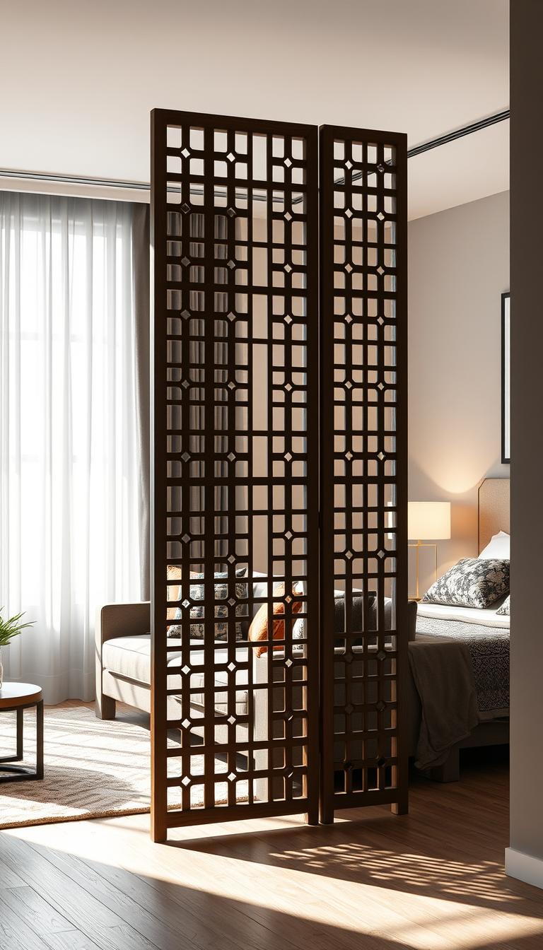 A modern, stylish room divider elegantly separates a cozy living room from a serene bedroom area, showcasing a seamless blend of functionality and aesthetics. In the foreground, the room divider is a sleek, wooden screen with intricate cut-out patterns, allowing light to filter through while maintaining privacy. The middle ground features a plush sofa adorned with colorful cushions and a soft area rug, while the bedroom area includes a neatly made bed with decorative pillows and a bedside table, complete with a calming lamp. Soft, natural light floods the space, casting gentle shadows, and emphasizing a tranquil atmosphere. The image is captured with a wide-angle lens, offering a balanced perspective that highlights the harmonious layout of the combined living and sleeping areas, creating a warm and inviting zone without closing off the space.
