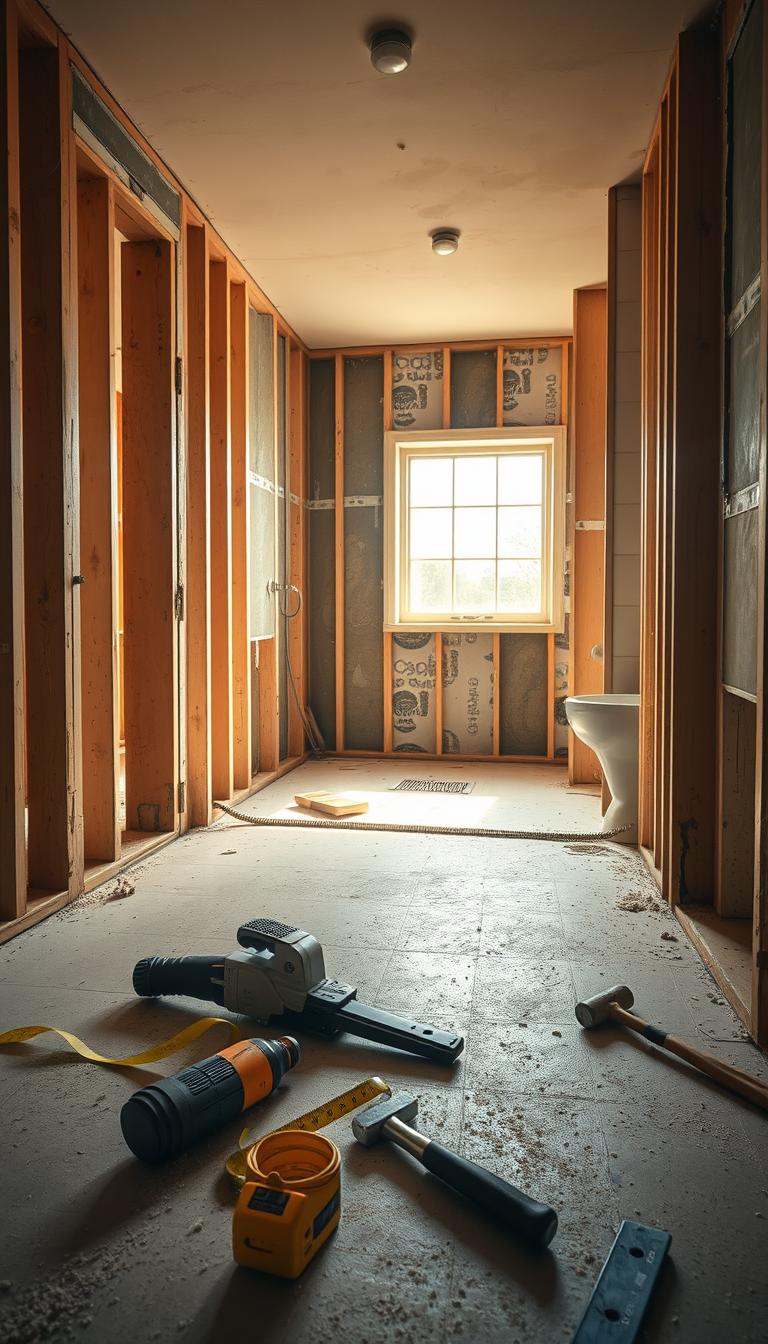 A partially gutted bathroom showcasing exposed studs and plumbing, emphasizing the renovation process. In the foreground, there are tools like a saw, measuring tape, and a hammer laid out on the floor, highlighting the work in progress. The middle ground reveals the stripped walls with insulation visible, as well as an open space where the new layout will emerge. In the background, there's a window allowing natural light to flood in, illuminating the dust motes in the air. The atmosphere feels transformative, capturing the potential for a fresh and functional design. Use photorealistic detail with high definition, focusing on warm lighting that enhances the renovation theme.