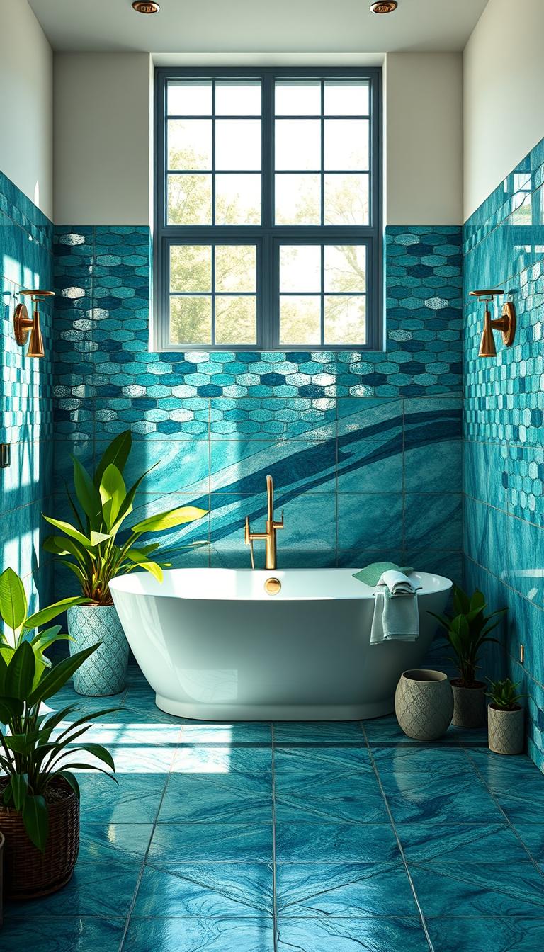 A photorealistic depiction of a luxurious bathroom featuring stunning mermaid tiling with a vibrant color palette. In the foreground, showcase a stylish freestanding bathtub surrounded by elegantly arranged potted plants, emphasizing wellness. The middle ground features intricate mermaid tiles with hues of teal, azure, and shimmering gold, reflecting light beautifully. Highlight subtle reflections in the tiles to enhance depth. The background consists of a large window allowing soft, natural light to fill the room, casting gentle shadows and illuminating the tiles. The atmosphere is serene and inviting, encouraging relaxation and style. Use a slight top-down angle to capture the entire scene, ensuring all elements harmonize into a cohesive color story.