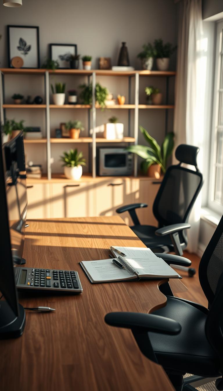 A photorealistic depiction of a stylish double desk setup in a cozy home workspace, emphasizing the concept of price transparency. In the foreground, display a well-organized desk featuring a minimalist desktop calculator, a sleek monitor, and an open notebook with visible budget notes. The middle ground includes two ergonomic office chairs positioned symmetrically, suggesting a shared workspace. In the background, softly lit shelves display a variety of decorative items and houseplants, adding warmth to the scene. Use natural sunlight streaming through a nearby window to create a bright, inviting atmosphere. The angle should be slightly elevated, capturing both the desk and the surrounding workspace in high definition, evoking a sense of value and functionality.
