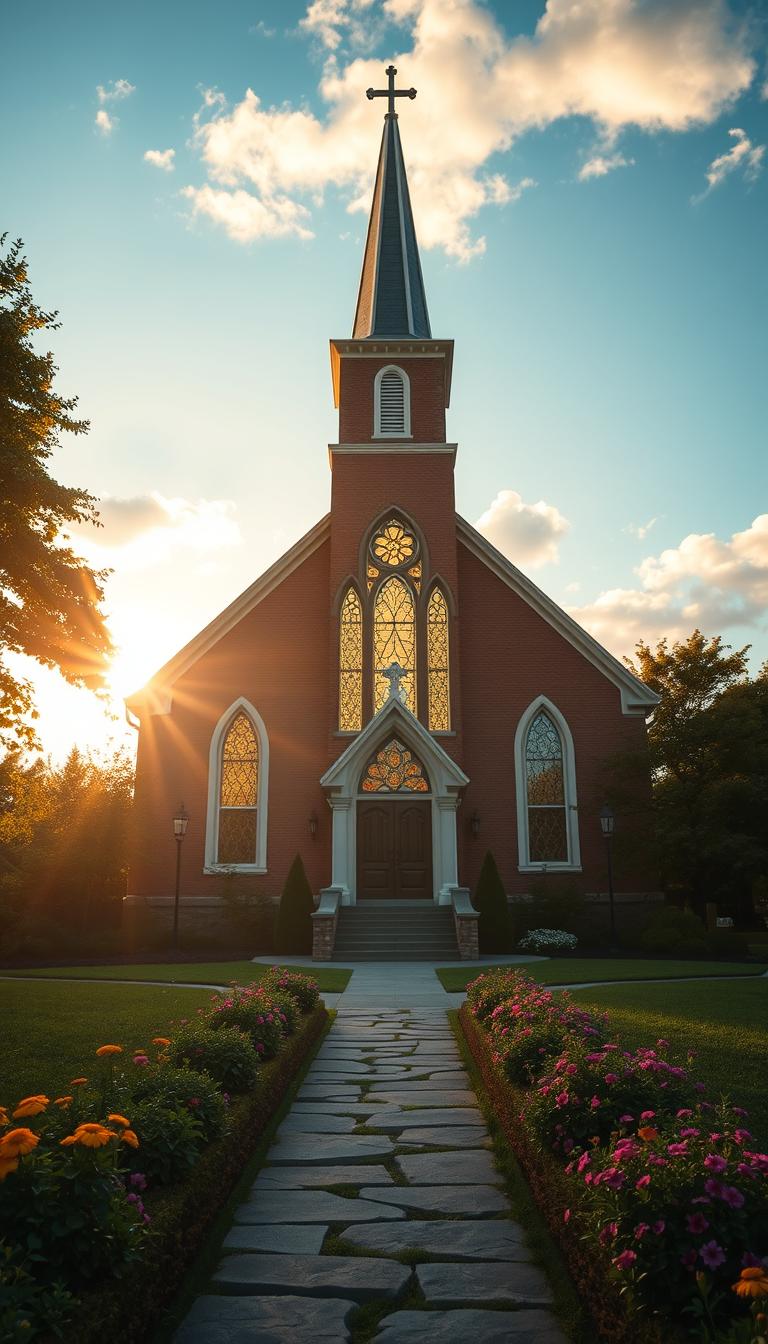 A photorealistic image of Evergreen Methodist Episcopal Church, showcasing its historic architecture. In the foreground, display well-maintained church grounds with lush greenery, vibrant flowers, and a stone pathway leading to the entrance. In the middle, capture the church's iconic stained glass windows illuminated by soft, golden hour sunlight, highlighting intricate patterns and colors. The background features a clear blue sky with gently scattered clouds, enhancing the welcoming atmosphere. Use a slightly elevated angle to emphasize the structure's steeple and cross at the top, reflecting a serene and nurturing environment. The overall mood should evoke a sense of history, tranquility, and community spirit, ideal for illustrating a converted church home focused on wellbeing. A photorealistic image of Evergreen Methodist Episcopal Church, showcasing its historic architecture. In the foreground, display well-maintained church grounds with lush greenery, vibrant flowers, and a stone pathway leading to the entrance. In the middle, capture the church's iconic stained glass windows illuminated by soft, golden hour sunlight, highlighting intricate patterns and colors. The background features a clear blue sky with gently scattered clouds, enhancing the welcoming atmosphere. Use a slightly elevated angle to emphasize the structure's steeple and cross at the top, reflecting a serene and nurturing environment. The overall mood should evoke a sense of history, tranquility, and community spirit, ideal for illustrating a converted church home focused on wellbeing.