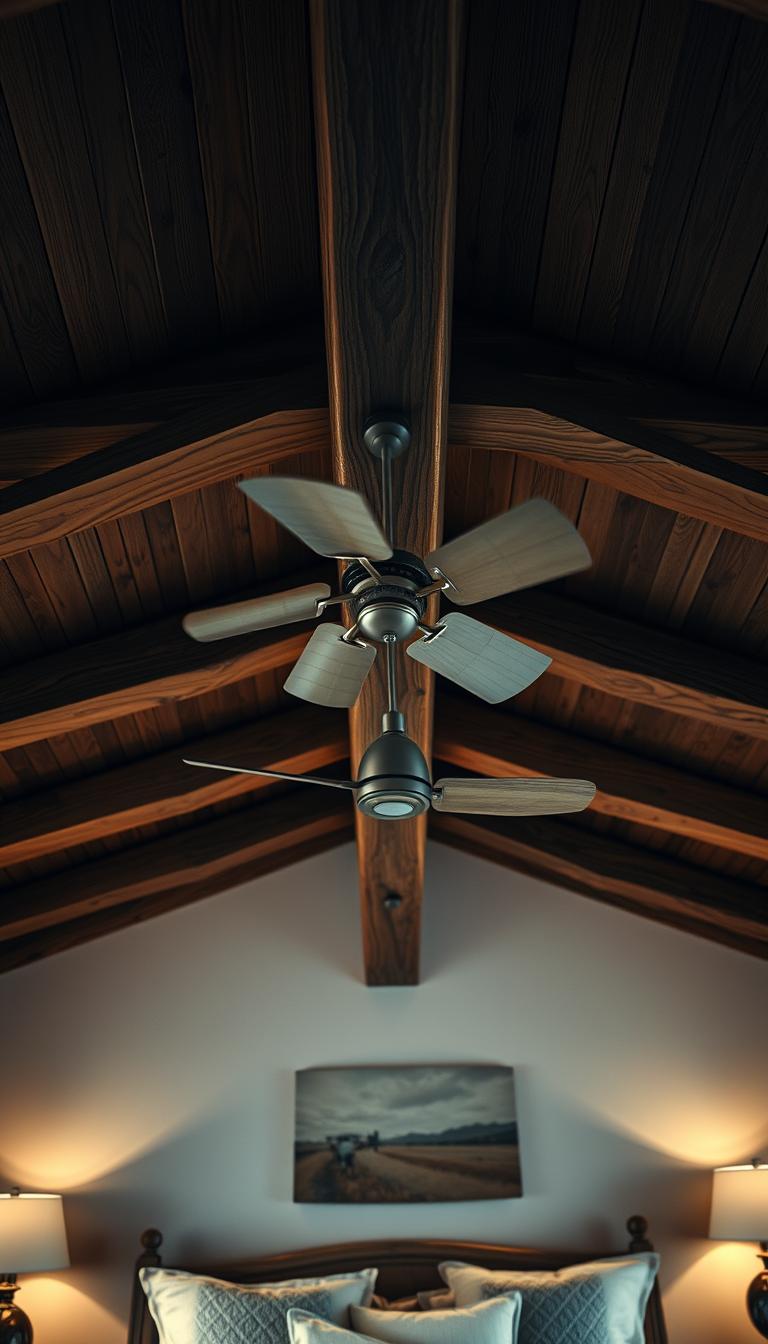 A photorealistic image of a Western-style bedroom ceiling, showcasing stunning design elements. In the foreground, a rustic wooden ceiling features exposed beams, intricately designed to create a warm, inviting feel. Suspended from the beams, a stylish windmill ceiling fan adds an element of charm and functionality. The middle ground includes soft, ambient lighting that bathes the room in a serene glow, emphasizing the textures of the wood. In the background, subtle hints of a calming, tastefully decorated bedroom space emerge, with plush bedding and warm color tones, harmonizing with the ceiling's aesthetic. The mood is tranquil and upscale, ideal for a serene retreat. The composition is captured from a slightly upward angle, showcasing the ceiling's architectural beauty while inviting viewers into the space.