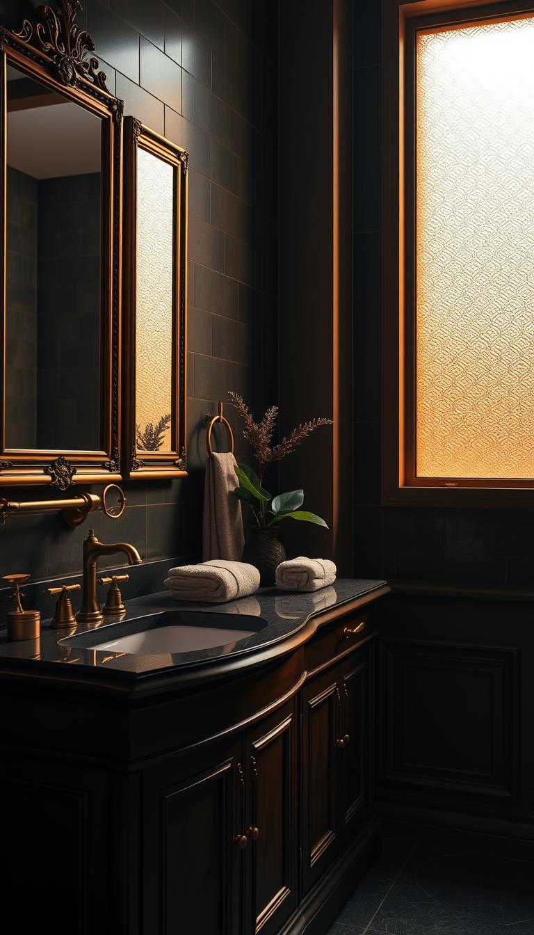A photorealistic image of a beautifully designed bathroom showcasing luxurious vanity fixtures. In the foreground, a stunning double-sink vanity made of dark wood with elegant brass fixtures reflects soft, ambient lighting. The mirrors above are framed with intricate detailing, enhancing the mood. In the middle ground, soft textured towels are neatly arranged atop the vanity, and a tasteful plant adds a touch of nature. The background features stylish wall tiles in deep, moody colors, illuminated by warm, diffused natural light filtering through a frosted glass window. The overall atmosphere is calm and inspiring, perfect for a moody, soothing bathroom design, captured with a wide-angle lens to emphasize depth and elegance.