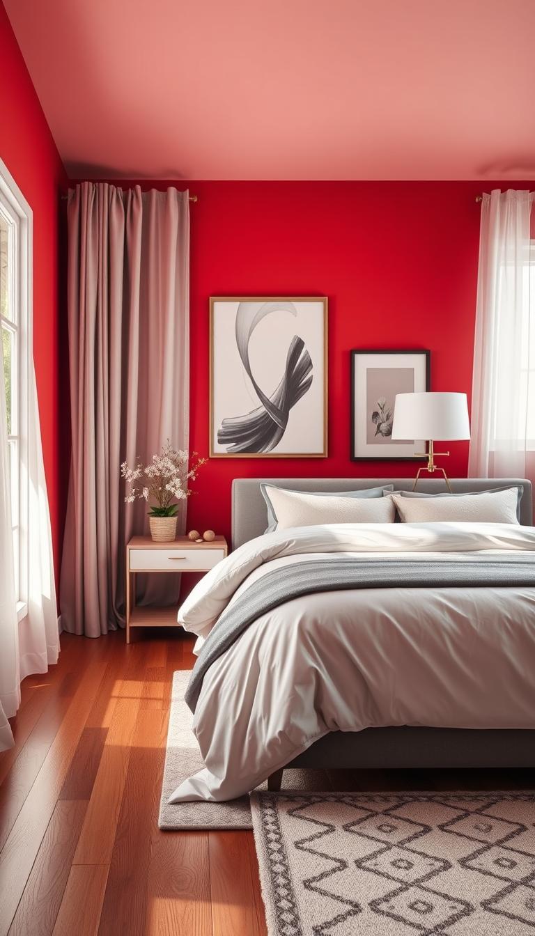 A photorealistic image of a beautifully designed red bedroom, showcasing walls painted in a rich, deep crimson. In the foreground, a stylish bed dressed in white and gray linens contrasts with the vibrant walls, while a sleek nightstand holds a small potted plant. The middle ground features elegant wall art that complements the red hue, enhancing the room's charm. In the background, softly diffused natural light filters through sheer curtains, creating a warm, inviting atmosphere. A cozy rug with subtle patterns adds texture to the wooden floor, enhancing the overall harmony of the space. Capture the serene yet bold mood of this dream bedroom, highlighting innovative uses of red paint to inspire creativity and comfort.