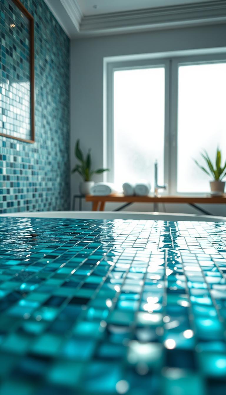 A photorealistic image of a beautifully installed glass mosaic tile in a serene bathroom setting. In the foreground, showcase a close-up of shimmering glass tiles in oceanic hues of blue, green, and aqua, reflecting light as if underwater. The middle ground features an elegantly designed bathtub adorned with a few decorative plants and soft, plush towels rolled neatly on a wooden shelf. In the background, soft natural light streams through frosted windows, enhancing the tranquil atmosphere. The scene should evoke a sense of wellness and relaxation, with attention to detail in the tile craftsmanship. Use a slight top-down angle to capture the mosaic tiles’ texture and patterns, emphasizing their artistry and elegance.
