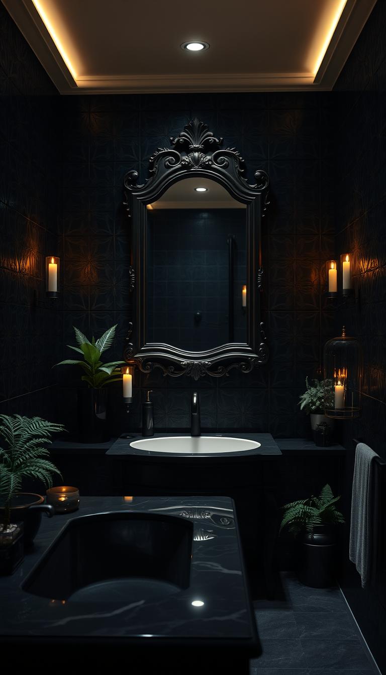 A photorealistic image of a "mirror space" bathroom, designed to evoke a moody yet soothing atmosphere. In the foreground, a sleek black freestanding vanity with a polished countertop reflects soft candlelight. In the middle, a large, ornate mirror takes center stage, framed in dark wood, amplifying the sense of depth and tranquility. Ambient lighting casts a warm glow, blending with soft shadows to create an intimate space. The background features dark, textured tiles and lush greenery, such as ferns and small potted plants, adding life without overwhelming the scene. The overall color palette includes deep blues and rich blacks, enhanced by the gentle flicker of candlelight. The angle is slightly elevated, capturing the essence of serenity and style in a compact, elegant bathroom.