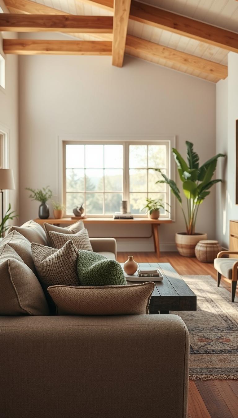 A photorealistic image of a modern rustic living room that showcases a harmonious color palette. In the foreground, a cozy fabric sofa in soft earth tones is adorned with textured throw pillows in muted greens and browns. The middle ground features a reclaimed wood coffee table, holding a few rustic decor pieces, surrounded by an area rug with subtle geometric patterns. In the background, large windows let in warm, natural light, illuminating the room. Soft, neutral wall colors complement wooden beams on the ceiling, enhancing the cozy atmosphere. Potted greenery adds a touch of life. The overall mood is inviting and effortless, perfect for a tranquil home setting. The image captures a wide angle, ensuring a comprehensive view of the room while emphasizing the color palette.