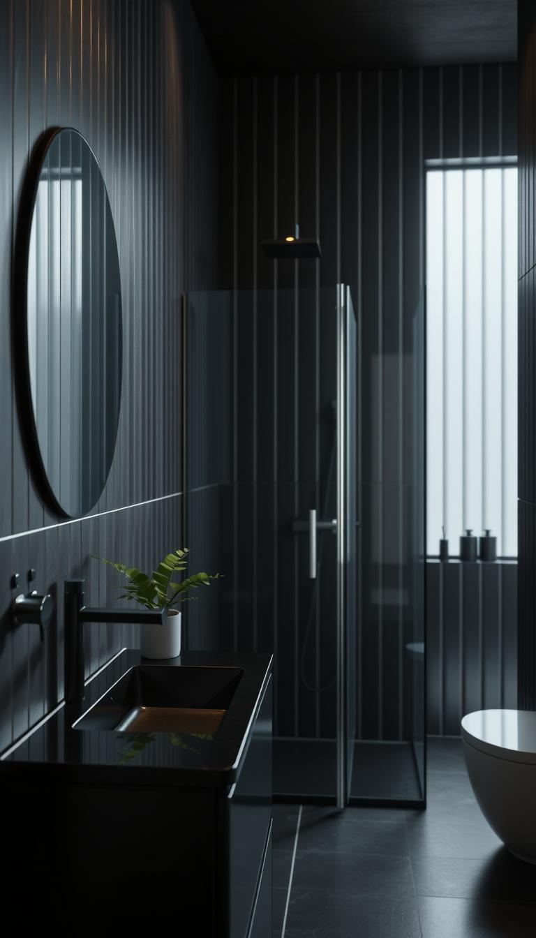 A photorealistic image of a small black bathroom featuring elegant vertical black tiles that extend from floor to ceiling, enhancing the perception of height. The scene showcases a minimalist design with soft black tiles, subtly reflecting light. In the foreground, a sleek black matte vanity with a polished countertop holds a simple potted plant, adding a touch of nature. The middle of the composition presents a modern, frameless glass shower with gleaming fixtures, while the background reveals tastefully arranged bathroom accessories that complement the dark theme. Soft, diffused lighting casts a warm glow, creating a serene and spa-like atmosphere. The camera angle is slightly above eye level, inviting viewers to experience the room's height and tranquility. A photorealistic image of a small black bathroom featuring elegant vertical black tiles that extend from floor to ceiling, enhancing the perception of height. The scene showcases a minimalist design with soft black tiles, subtly reflecting light. In the foreground, a sleek black matte vanity with a polished countertop holds a simple potted plant, adding a touch of nature. The middle of the composition presents a modern, frameless glass shower with gleaming fixtures, while the background reveals tastefully arranged bathroom accessories that complement the dark theme. Soft, diffused lighting casts a warm glow, creating a serene and spa-like atmosphere. The camera angle is slightly above eye level, inviting viewers to experience the room's height and tranquility.