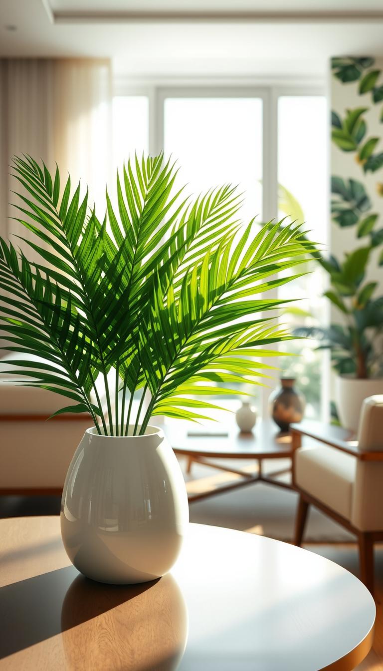 A photorealistic image of faux palm leaves in an elegant home setting. In the foreground, a cluster of vibrant green faux palm leaves is artfully arranged in a sleek white ceramic vase. In the middle ground, a stylish, minimalist table complements the arrangement, with natural light streaming in through a large window nearby, casting soft shadows. In the background, a subtle tropical-themed wallpaper hints at lush greenery, enhancing the atmosphere of a serene, tropical retreat. The lighting is bright yet warm, creating an inviting and cozy mood. Use a wide-angle lens to capture the details of both the faux leaves and their modern surroundings, emphasizing the connection between decor and nature. No text or watermarks.